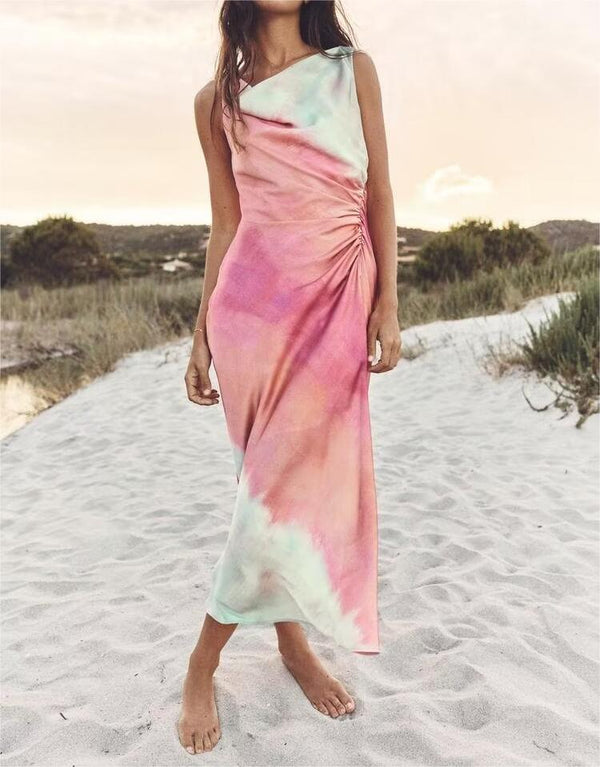 Summer Women Clothing Tie Dyed Printed Satin Maxi Dress