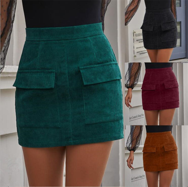 Stylish Temperament Large Pocket Corduroy Skirt