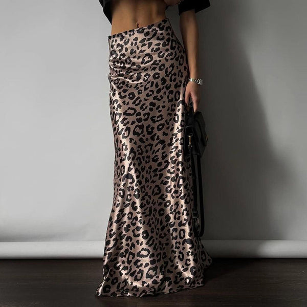 Women Clothing Satin Draping Skirt Leopard Print Sexy Sheath Fishtail Skirt Floor Length Dress