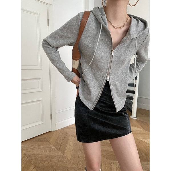 Sinan French Tight Waist Cut Super Slimming Double Zipper Hooded Sweater Slim Coat Early Autumn